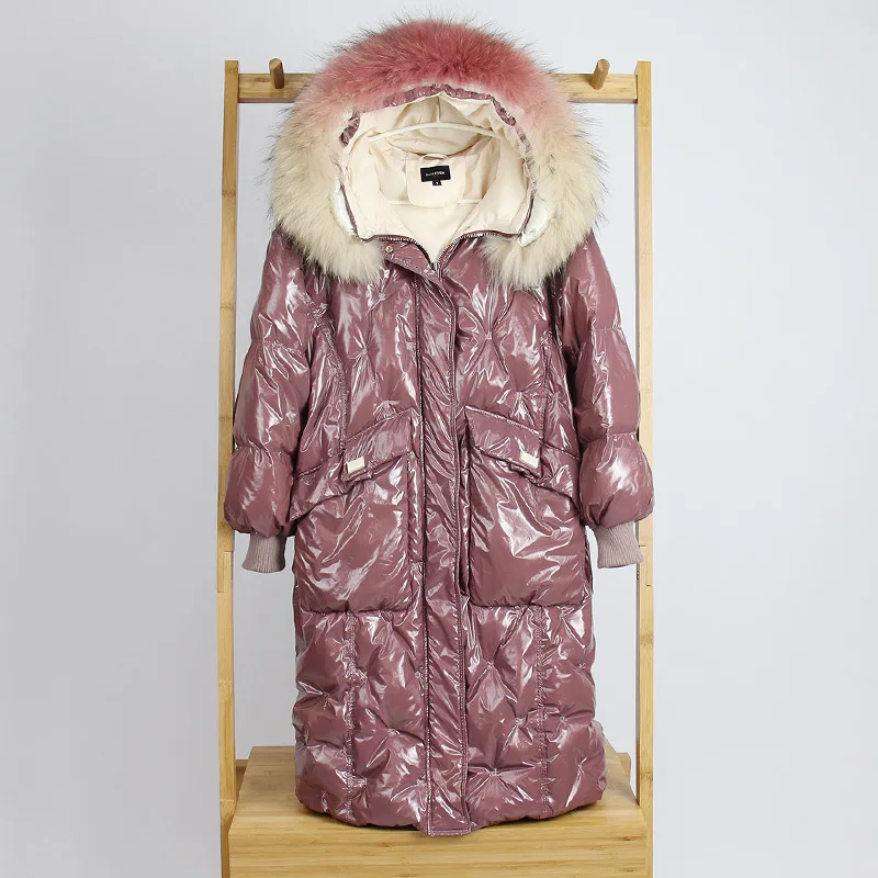 Зимний модный бренд, блестящая ткань, натуральный мех, с капюшоном, 90% утиный пух, парки, зимнее тонкое длинное плотное теплое пуховое пальто wq635