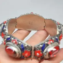 7,88 дюймов/красивое китайское древнетибетское серебряное перегородчатое инкрустированное с искусственным красным циркониевым браслетом