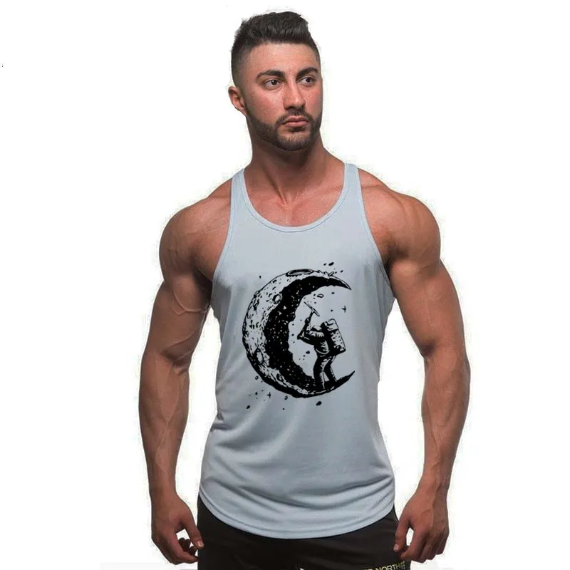 

100% cotton digging the moon print Tank Tops men Gyms Stringer Shirt Fitness Tank Top Men Gyms Clothing Cotton Vest Tanktop