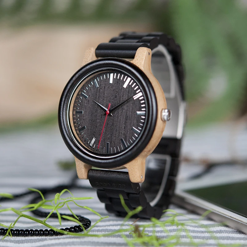 BOBO BIRD Men Ebony Wooden Quartz Watches Mens Top Brand Luxury Full Wood Band clock in Gift Box relogio masculino custom logo