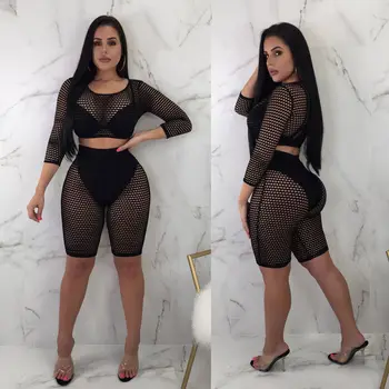 

Hirigin Women Sexy Ladies Long Sleeve See Through Gauze Hollow Out 2Pcs Crop Top Shorts Set Jumpsuit