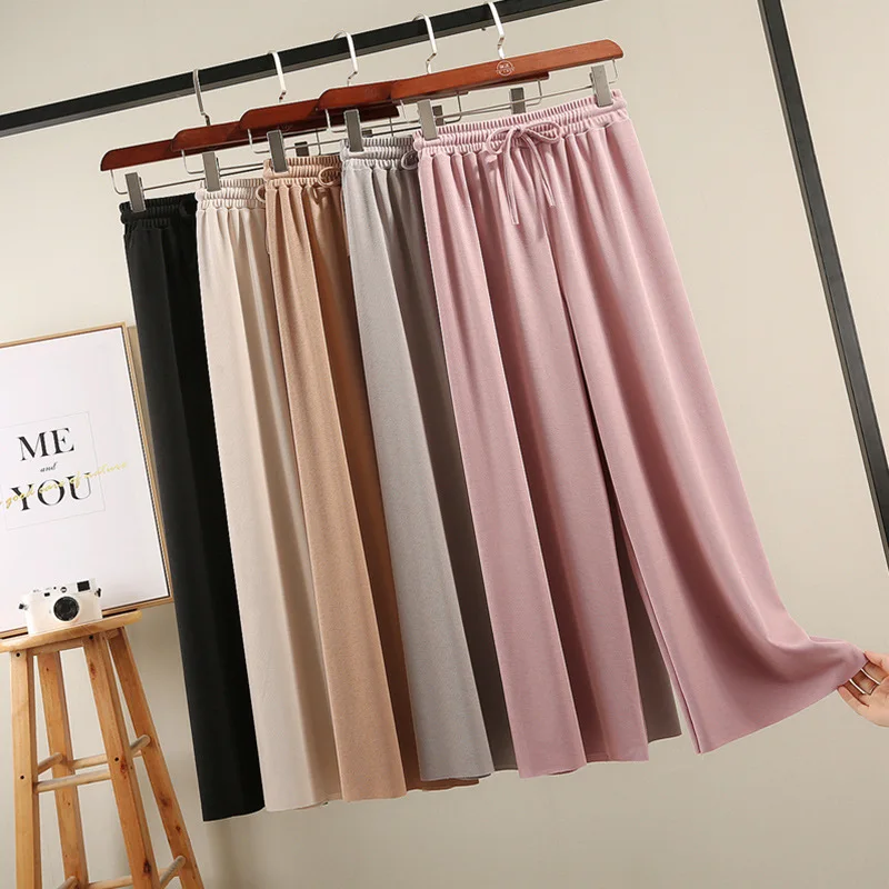 

Ice Silk Thin Knitted Wide Leg Pants Summer High Waist Ankle Length Women Pants Loose Chiffon Straight Tube Pant Casual Trousers