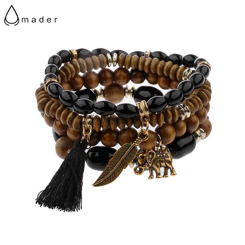 

Amader Wood Charm Bracelet For Women Bracelet Set 4Pcs/Lot Tassel&Elephant Shape Bohemia Bracelets Bangles Femme HXB039