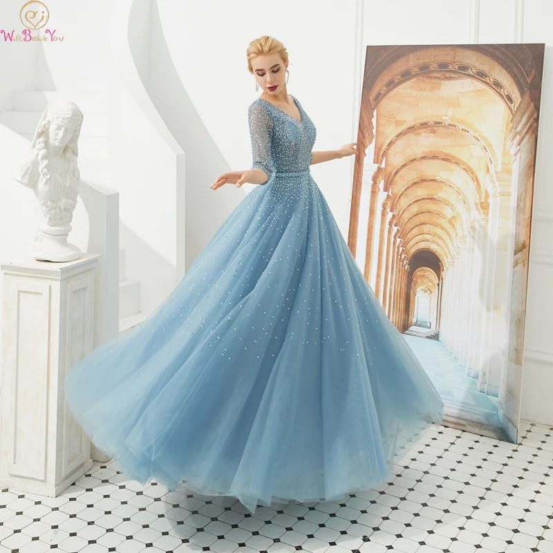 

Light Blue A Line Evening Dress V Neck Luxurious Sequined Beading Formal Elegant Three Quarter Sleeve Long Gowns robe de soiree