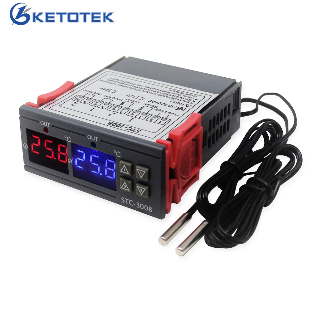 

STC-3008 Dual Digital Thermostat Temperature Controller Regulator Two Relay Output 10A Heating Cooling Control Switch