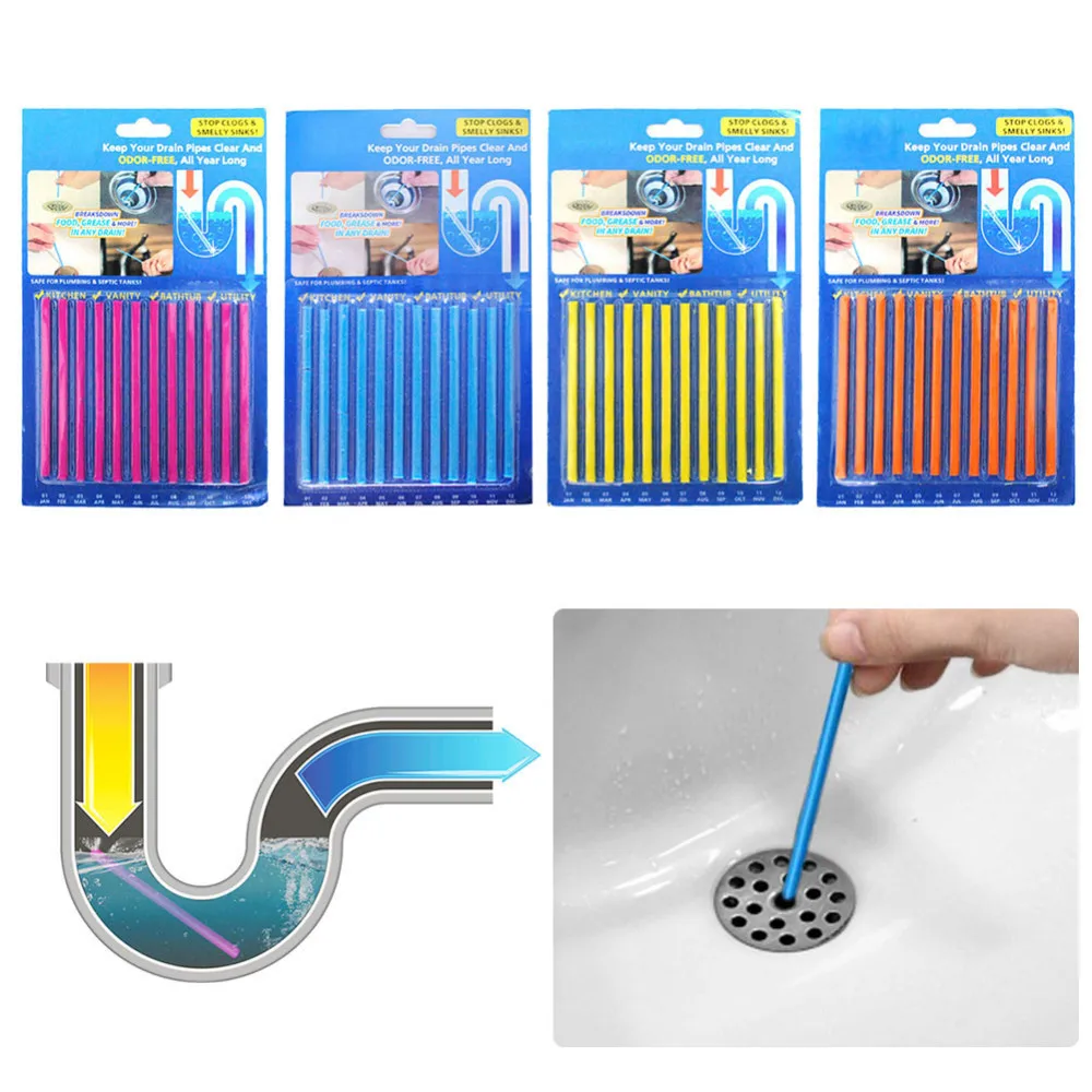 

12pcs Drain Cleaner Sticks Oil Decontamination Kitchen Toilet Bathtub Drains Cleaner Sewer Cleaning Rod Hair Clear Multicolor B4