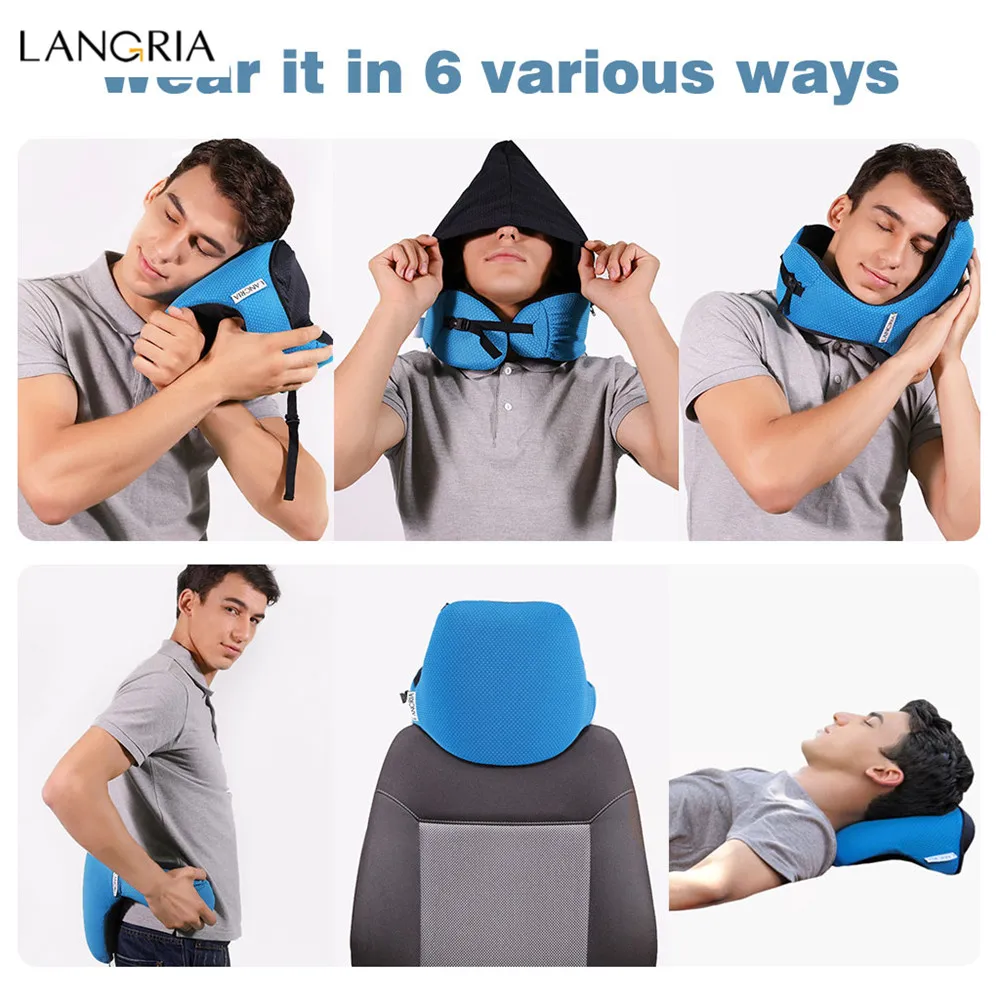 

LANGRIA 6-in-1 Travel Neck Pillow Long Haul Astronaut Memory Foam with Detachable Hood Adjustable Neck Size Side Elastic Pocket