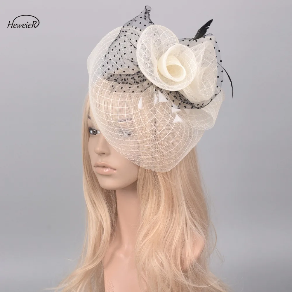 

Elegant Fascinators Hat Wedding Party Hairpiece Women Lady Hair Clip Ivory Green Yellow Gray Net Lace Feather Headwear