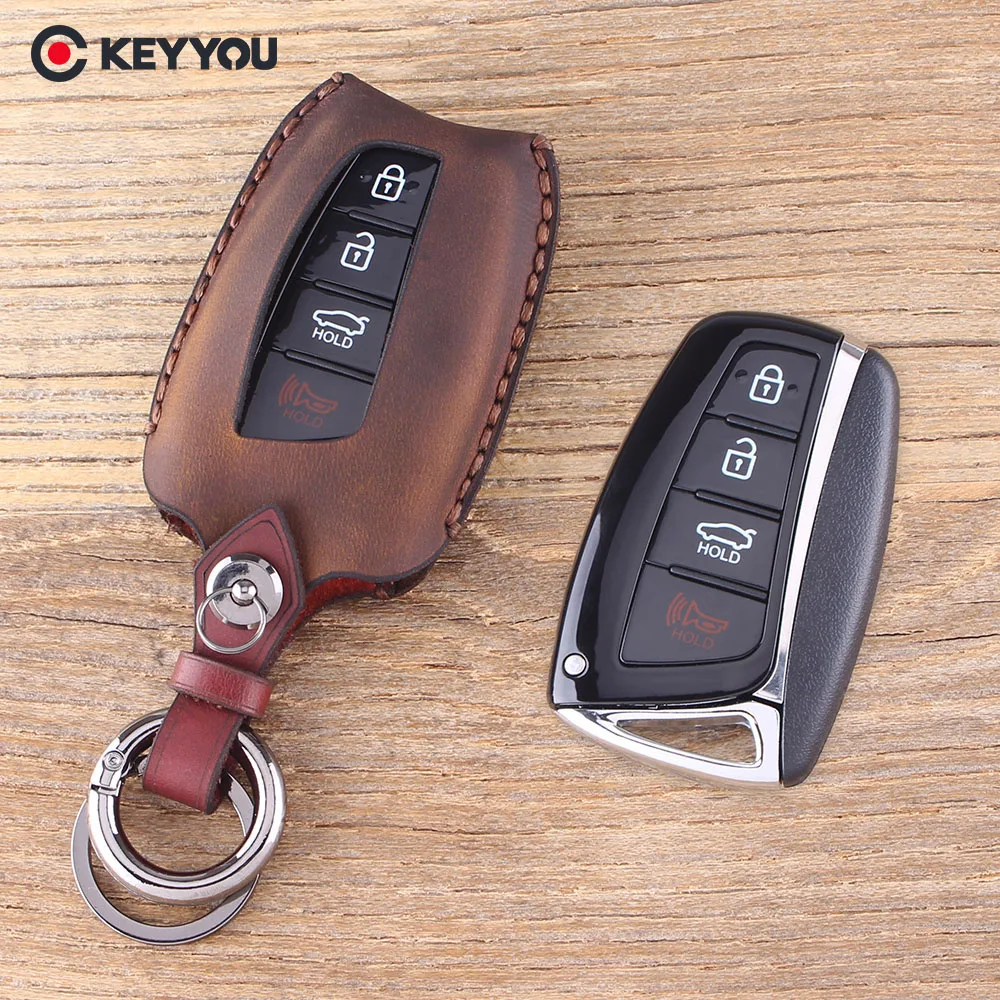 

KEYYOU Key Shell 4 Buttons For Hyundai Genesis Santa Fe Equus Azera Genuine Leather Key Shell Car Key Case Fob