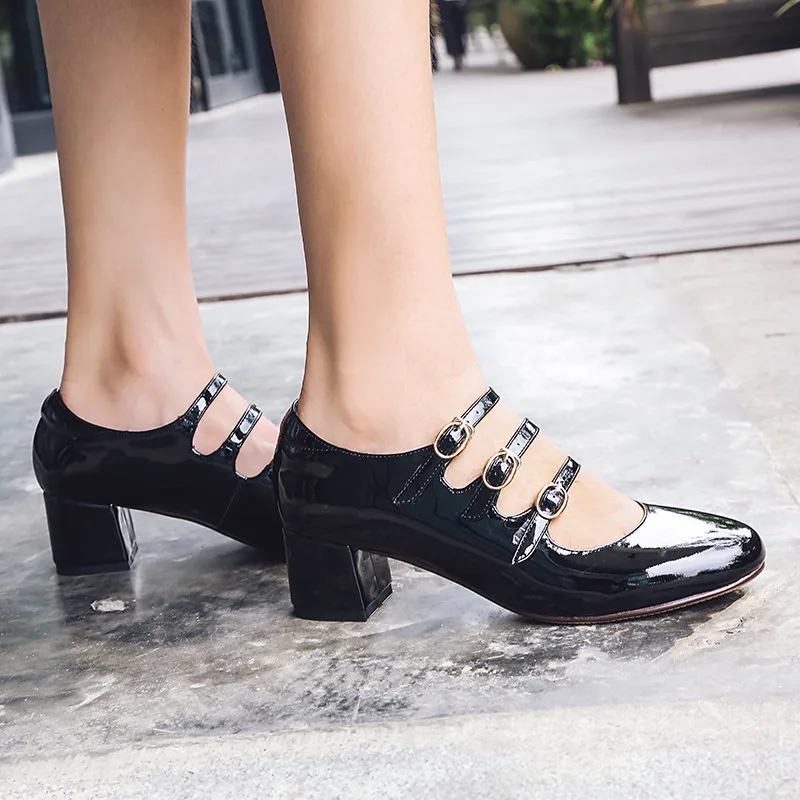 YMECHIC Ретро черный блочный каблук обувь женские лакированная телячья кожа Мэри Джейн женские офисные модельные туфли летние туфли-лодочки на высоком каблуке