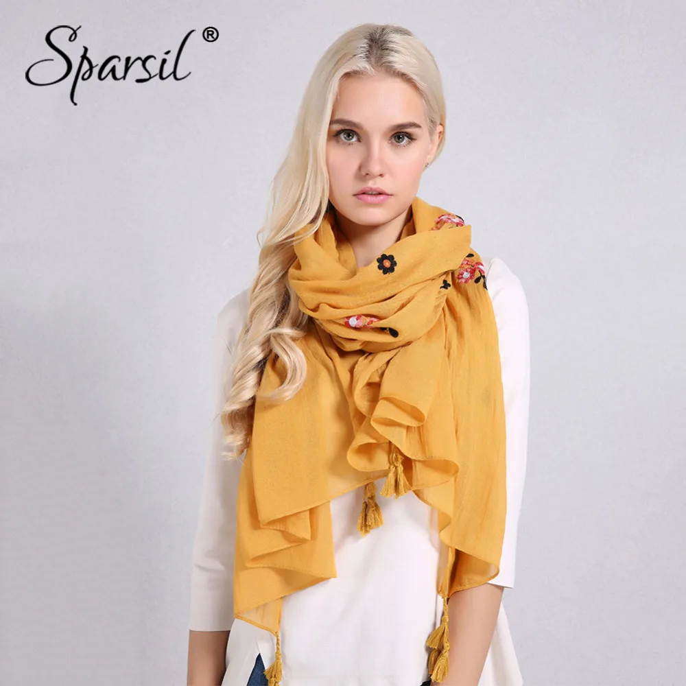 

Sparsil Women Solid Color Cotton Linen Scarf Classic Tassel Retro Floral Embroidery Shawls Wrap Autumn New Soft Comfort Pashmina