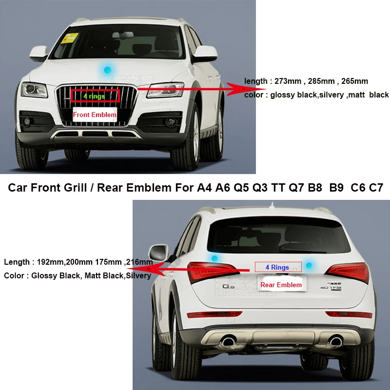  Car Rear Boot Emblem Auto Tail Trunk Logo Front Grill Label hood bonnet Badge For A4 A6 Q5 Q3 TT Q7