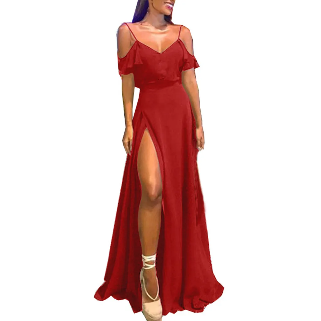 

2019 Sexy Latin Dance Dress Women Dress Women Summer Boho Strappy V-neck Ruffle Split Long Maxi Party Beach Dress Z4