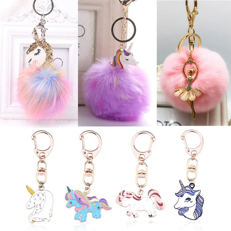 

Lovely Pompom Keychain Unicorn Fluffy Pom Pom Key Chain for Women Bag Charm Jewelry Fur Ball Car Key Ring