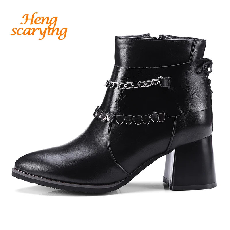 

2018 Plus Size Women Ankle Punk Combat Boots Autumn Heavy Duty Chelsea Boots Female Fetish Pointe Thick Heels Bootee Botas Shoes