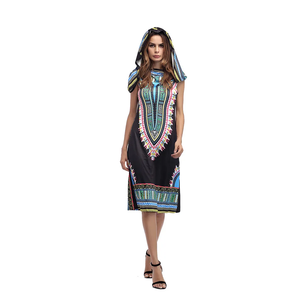 2018 Women Dress Suits Printed Geometric Hooded sleeveless summer printing hooded skirt female fashion national style Dress