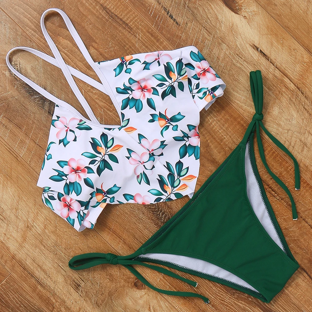 

Bikini Set 2019 Swimsuit Swimwear Women Sexy Push Up Female Bandage Swimming Suit For Women Ruffle Bathing Suit Leafy Beachwear
