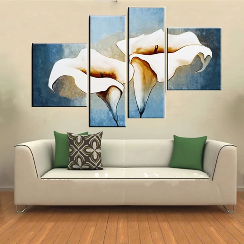 

Hand Painted Abstract Lily Flower Oil Painting on Canvas Huge 4 Panel Pictures Set Home Decor Wall Art Acrylic Floral Paintings