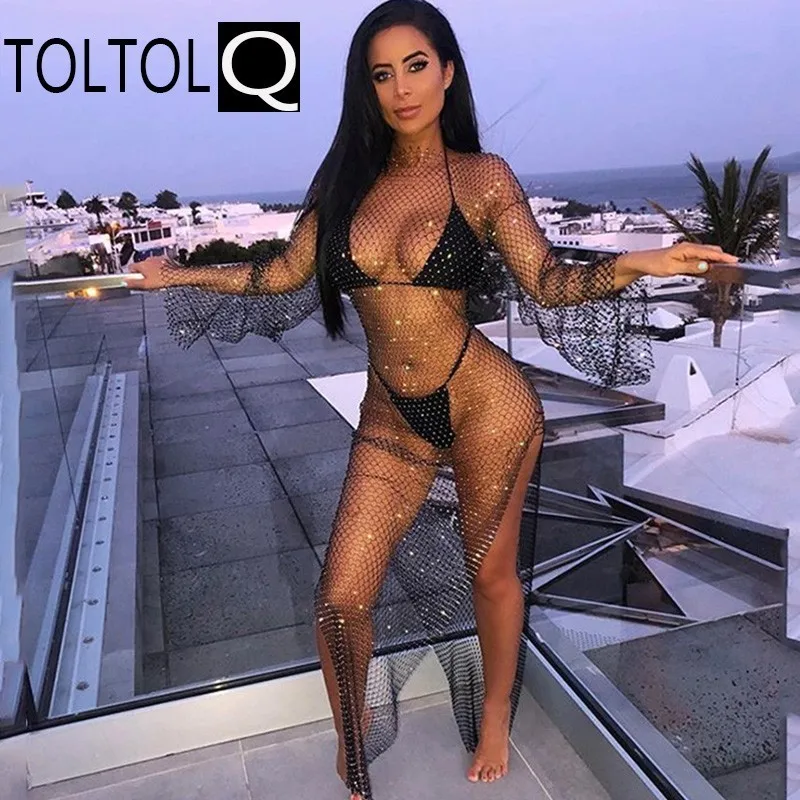 

2019 Summer Beach Long Dress Halter Grid Flash Drill Round Neck Crochet Bikini Long Sleeve Dress Hollow Out Dress