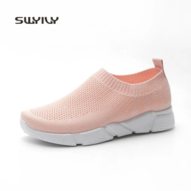 SWYIVY Women Sport Running Shoes Slip-on Lazy Shoes 2018 New Woven Breathable Light Weight Sneakers Women Flat Heel Jogging Shoe
