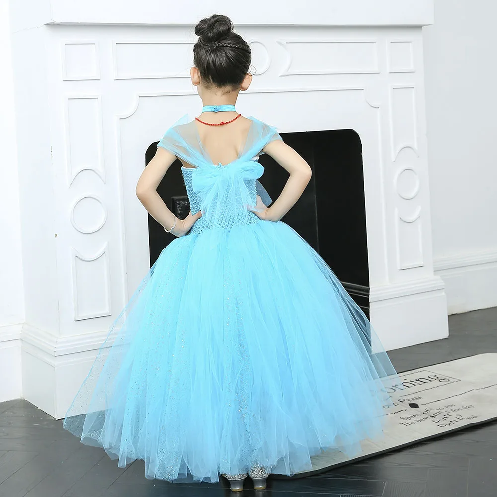 Sparkle Tulle Tutu Princess Cinderella Blue Dress Elegant Sleeveless Froze Elsa Cosplay Birthday Dress Vestido Baby Kids Clothes (6)