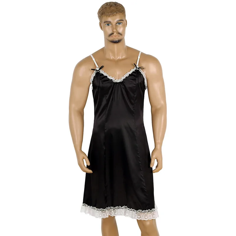 Sissy мужские и взрослые гладкие атласные экзотические платья регулируемые Спагетти ремни v-образный вырез с низкой спинкой винтажное платье-комбинация Ночная одежда для геев