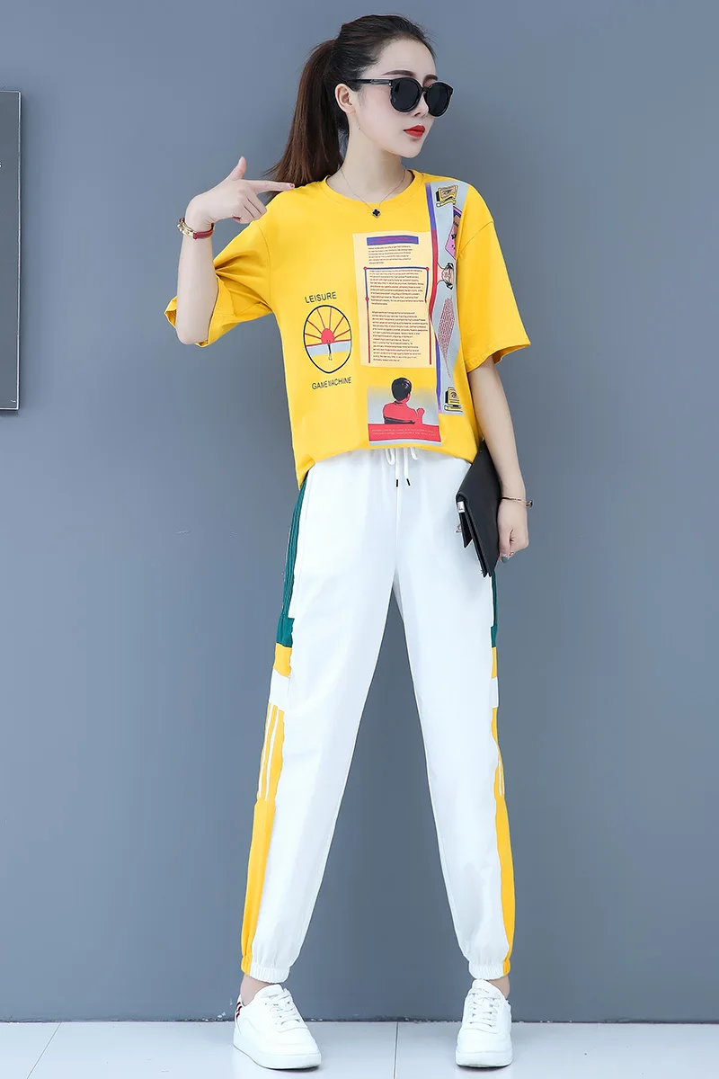 Летний Повседневный Спортивный комплект из двух предметов, спортивный костюм, женская одежда, плюс размер, принтованные футболки и штаны, костюмы, корейская мода, комплекты
