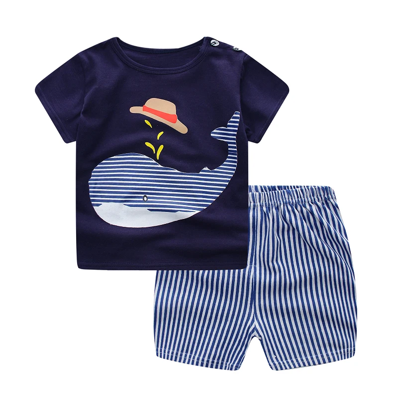 

2017 Fashion Cartoon Print Clothes Sets Summer Baby Boys Girls T Shirts + Casual Striped Pants Suit 2PCs