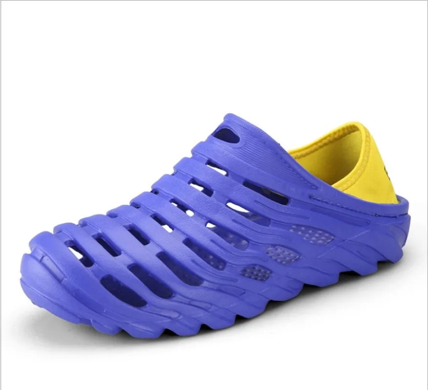 Мужчины забивают Летняя обувь Для мужчин на плоской, полой подошве; дышащая обувь; мужские пляжные сандалии сад Sandalies мужская обувь - Цвет: Синий