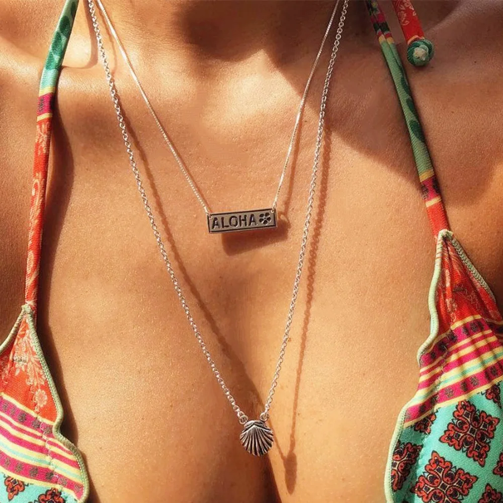 

IFMIA 2 Layers Necklaces Multi Layer Silver Aloha Letter Shell Pendant Necklace Woman Beach Boho Multi Layer Long Collar Jewelry