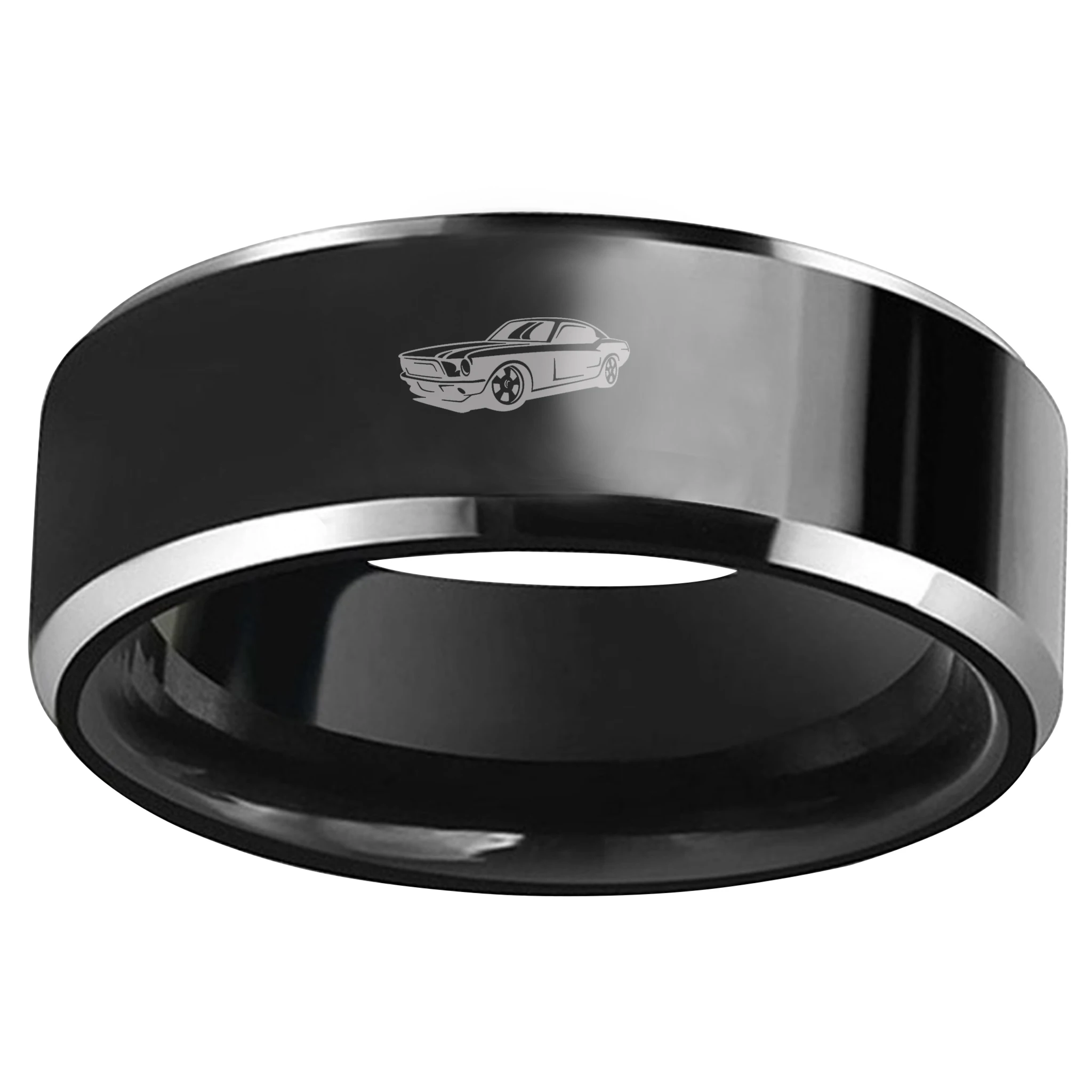 8mm Mustang Black Tungsten Carbide Laser Engraved Ring Engraving