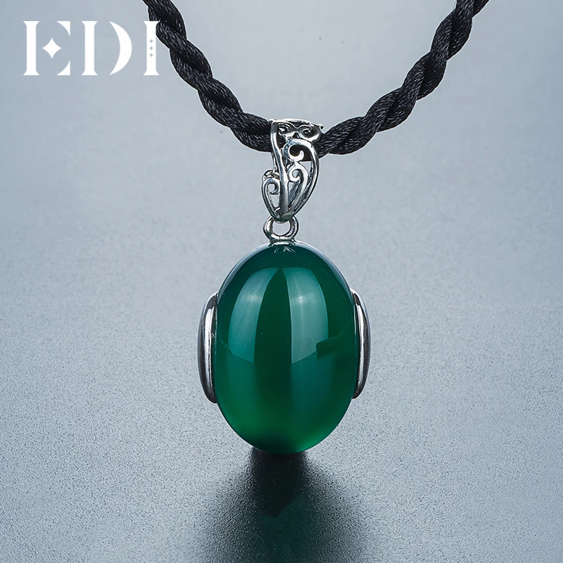 EDI Sterling Silver 925 Necklace with Green Natural Gemstone Women's Necklace Thai Silver Retro Fine Jewelry For Woman