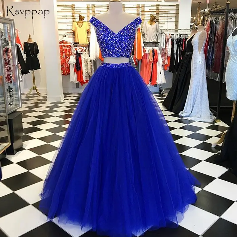 

Long Prom Dresses 2020 V-neck Sleeveless Beaded Crystals Floor Length Royal Blue African Two Piece Prom Dress