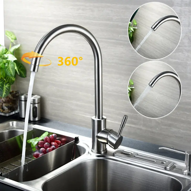 

304 Stainless Steel Brushed Dual Deck mounted Kitchen Faucet Swivel Spout Single Hole Hot/Cold Water Tap Basin Faucet Mixer Tap