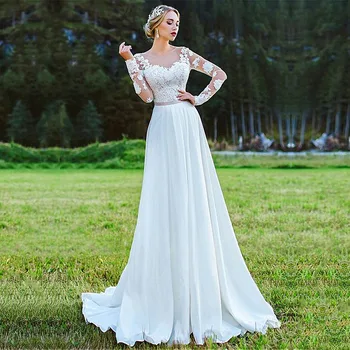

Eightale Scoop Neckline A-Line Wedding Dresses 2019 Chiffon With Lace Appliques Long Sleeves Wedding Gowns Outside Bridal Dress