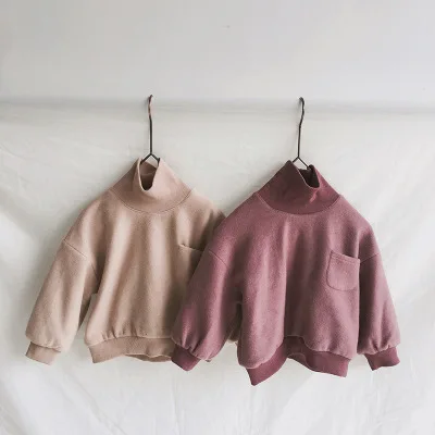 

Fall Winter Children Korean Thicken Velvet Solid Hoodies for Boys and Girls Kids Baby Turtleneck Cotton Long Sleeve T Shirt Tops