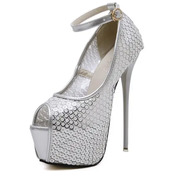 Size 4 9 Silver Autumn font b Women b font Shoes Peep Toe 16cm High Heels
