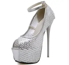 Size 4 9 Silver Autumn font b Women b font Shoes Peep Toe 16cm High Heels