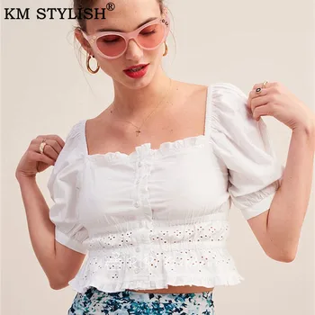 

2019 Summer New Square Collar Wood Ears Strapless Strawberry Print Puff Sleeve Short Tops Women's T-shirt
