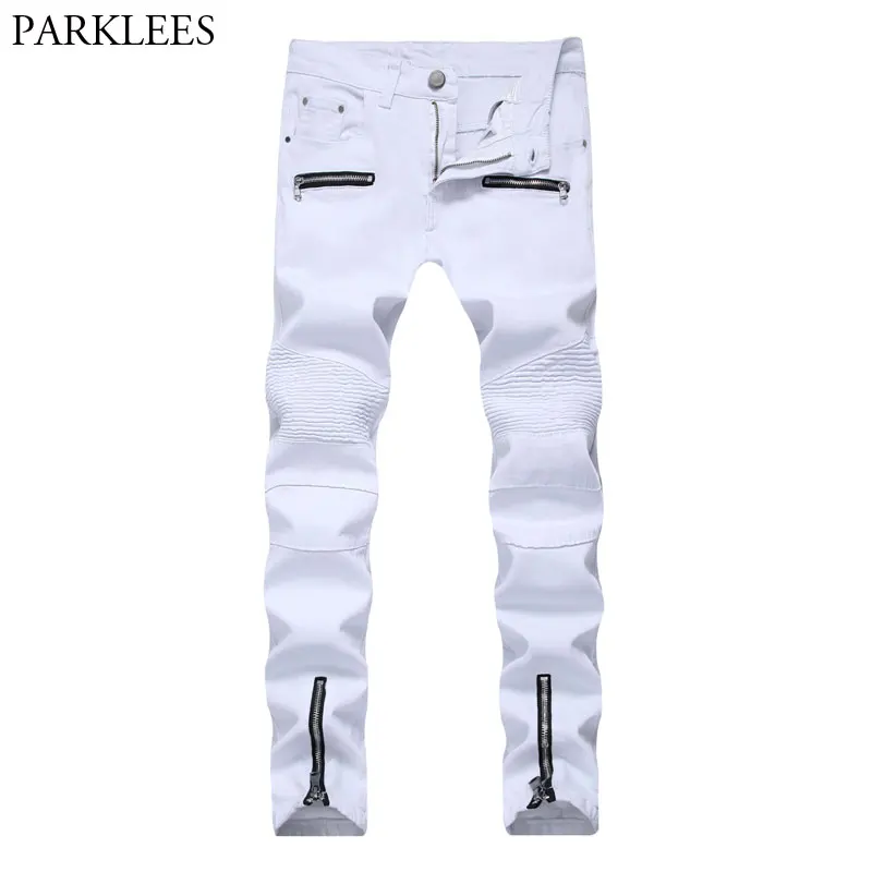 Casual Men's White Skinny Biker Jeans 2018 Brand Bottom Zipper Stretch