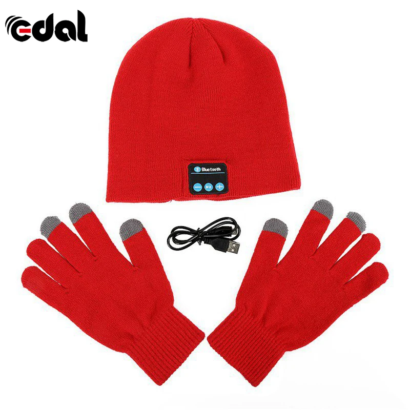 Unisex Winter Soft Warm Hat Wireless Bluetooth Cap Headset Headphone Speaker & Finger Screen Touch Gloves