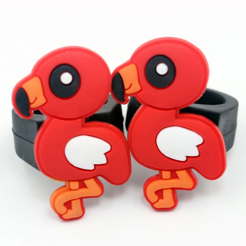 6pcs Silicone Cartoon Flamingo Finger Rings Jewelry Toys for Hawaiian Party Decoration Wedding Birthday Kids Gifts