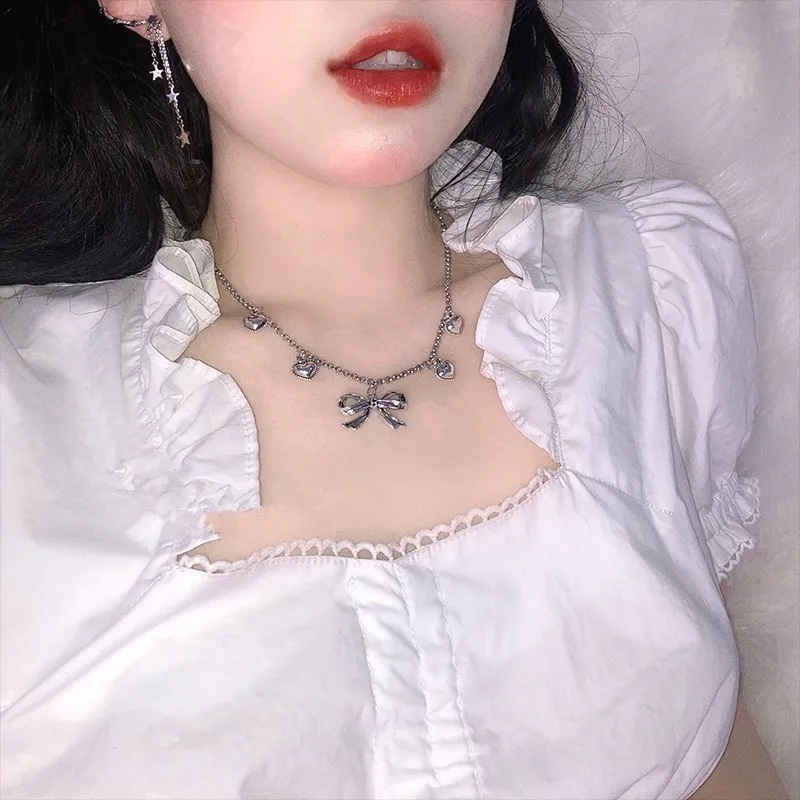 

Vintage Ins Bow Heart Sparkle Women Choker Necklace 2019 Fashion Girls Sweet Necklace