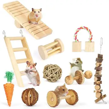 

Hamster Chew Toys, Natural Wooden Pine Guinea Pigs Rats Chinchillas Toys Accessories Dumbbells Exercise Ball Roller Teeth Care