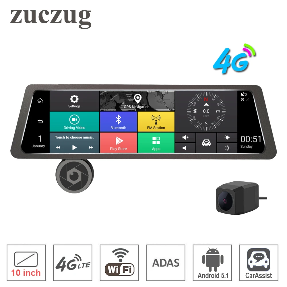 

zuczug 10" Touch Screen Rearview Mirror Car DVR Camera 4G wifi ADAS Android GPS Navigator Dual Full HD Front And Rear Cam
