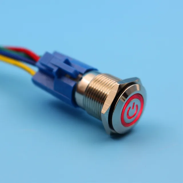 16mm 12V 5Pin Red LED Power Symbol Waterproof Metal Momentary Push ...