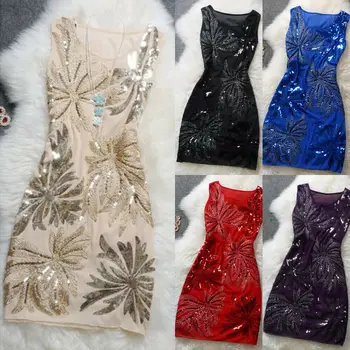 

New Women Ball Party Flower Sequined Gown Dress Sleeveless Shine Hollow Dress