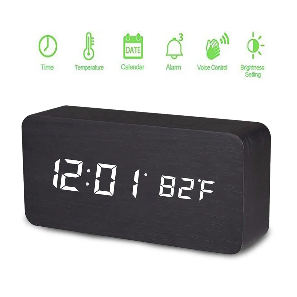 

Drop Shipping Digital Alarm Clock Temperature Date LED Display Bamboo Wood Grain Clock 3 Levels Brightness Voice Control Simple