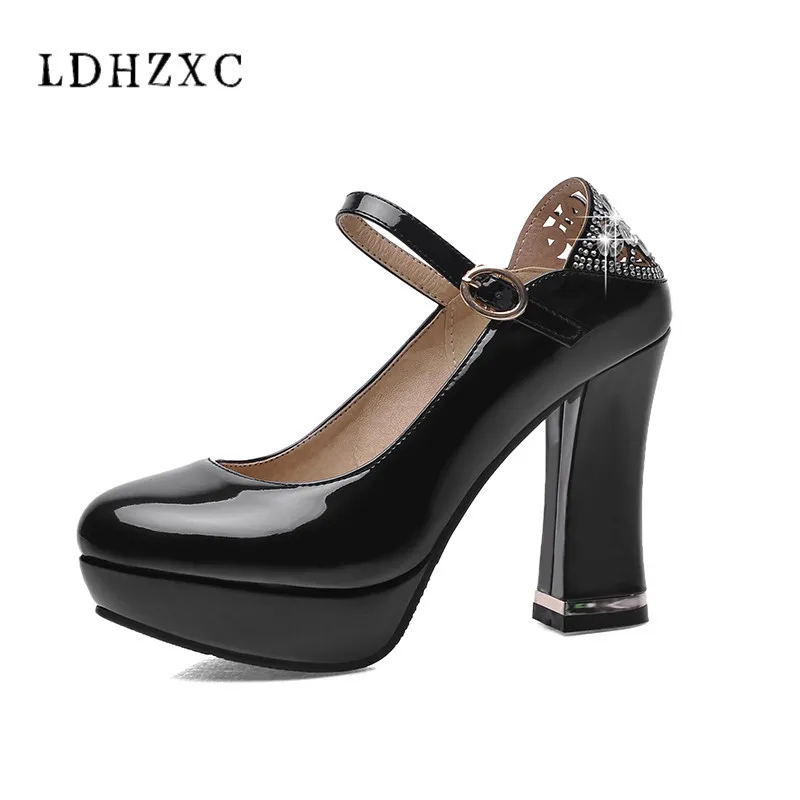 

LDHZXC 2019 new Women's shoes black pumpsSweet Shoes Woman Chunky High Heels Platform Party Wedding Pumps Big Size 32-43