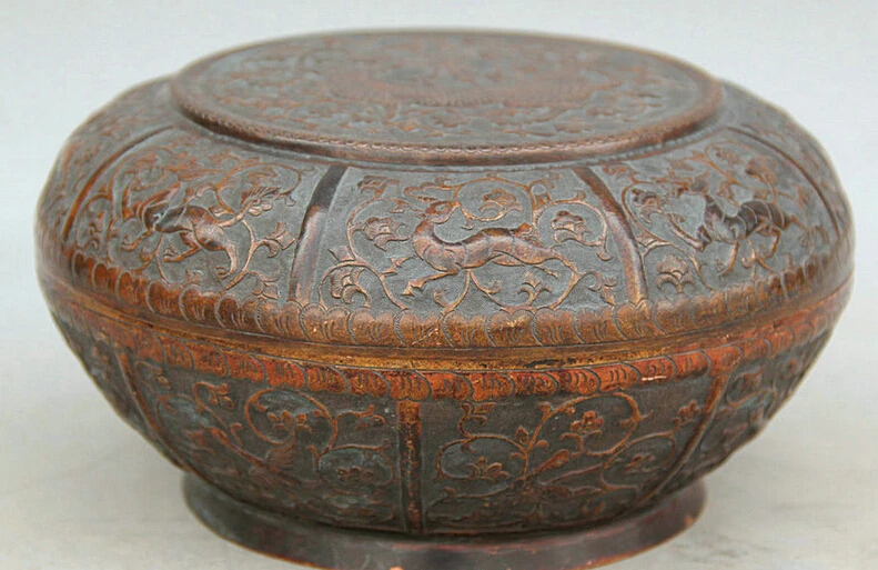 

Collectible bronze S2153 8" Chinese Copper circular animal Dragon Beast Deer flower container casket box